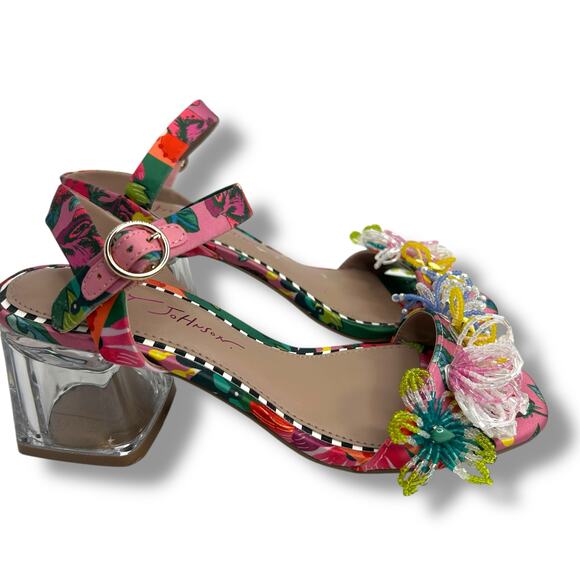Betsey Johnson Beaded Flower Embellished Sandals Size 6 Clear Block Heels EUC - Picture 12 of 13